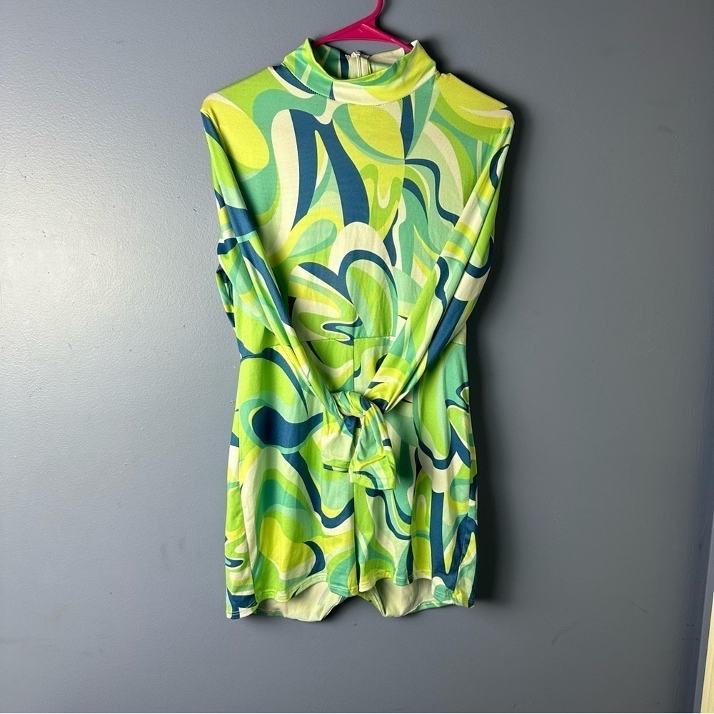 Fashion Nova Blue and Green Abstract Pattern Romper